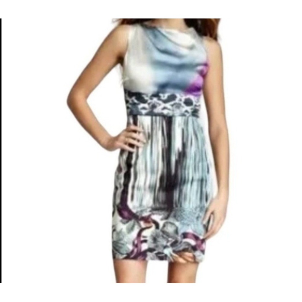 Elie Tahari Sheath Dress Size 8 Blue Excellent Floral Mixed Print Cowl Neck Zip